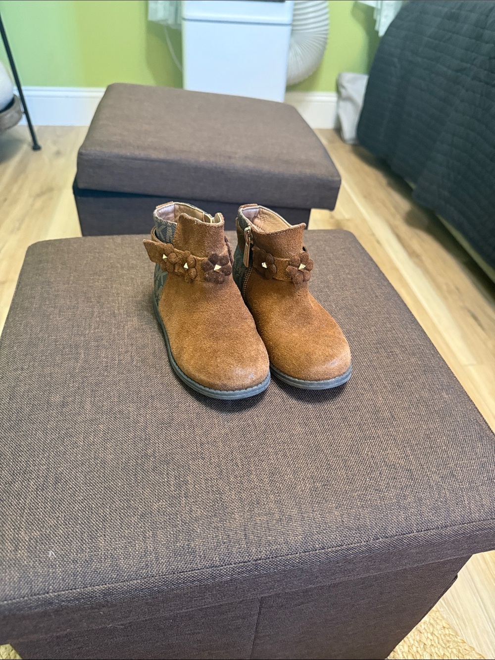Michael Kors Kids Tan Suede Ankle Boots with Floral Studded Strap